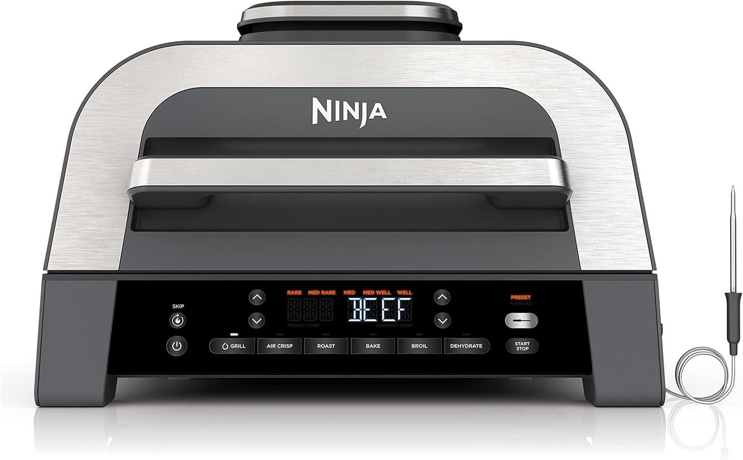 Ninja DG551 Foodi Smart XL 6-in-1 Indoor Grill — Air fry, roast, bake, broil, dehydrate with smart thermometer, 2nd gen, black/silver.