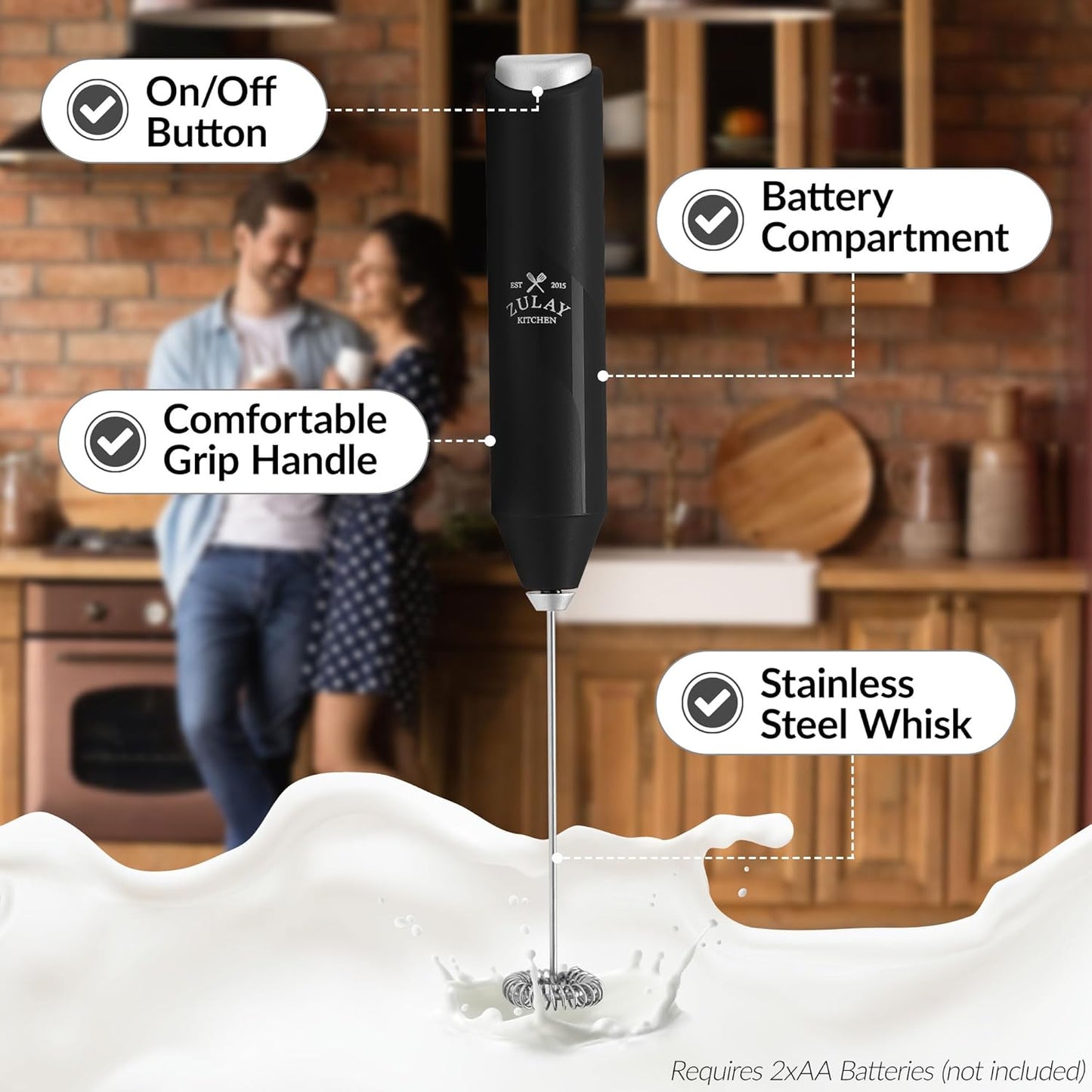 Zulay Kitchen Milk Frother – Stainless Steel, Battery Operated (Black)