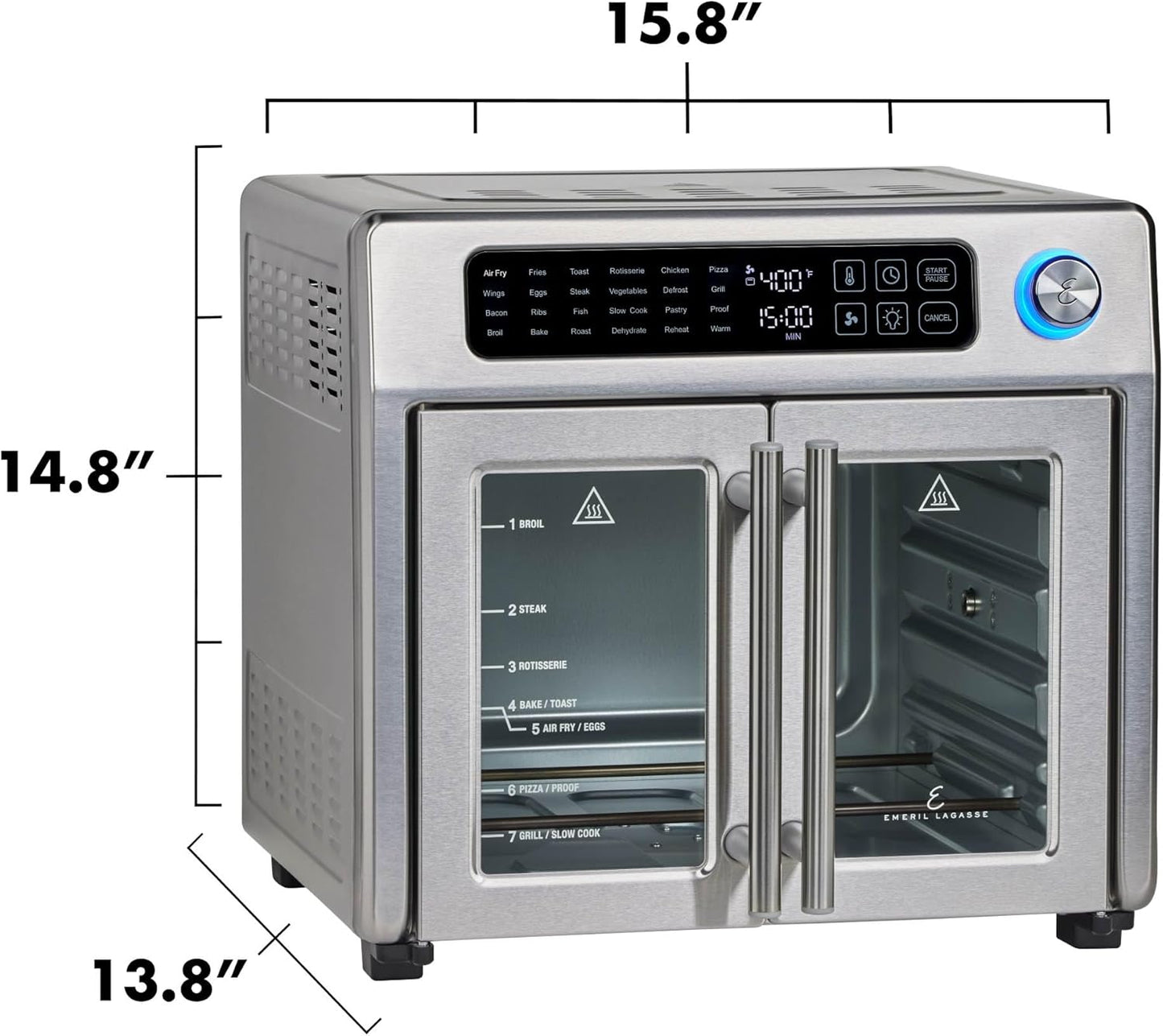 Emeril Lagasse XL French Door Air Fryer Toaster Oven — 24 functions, digital controls, 7 accessories, 26QT, stainless steel.