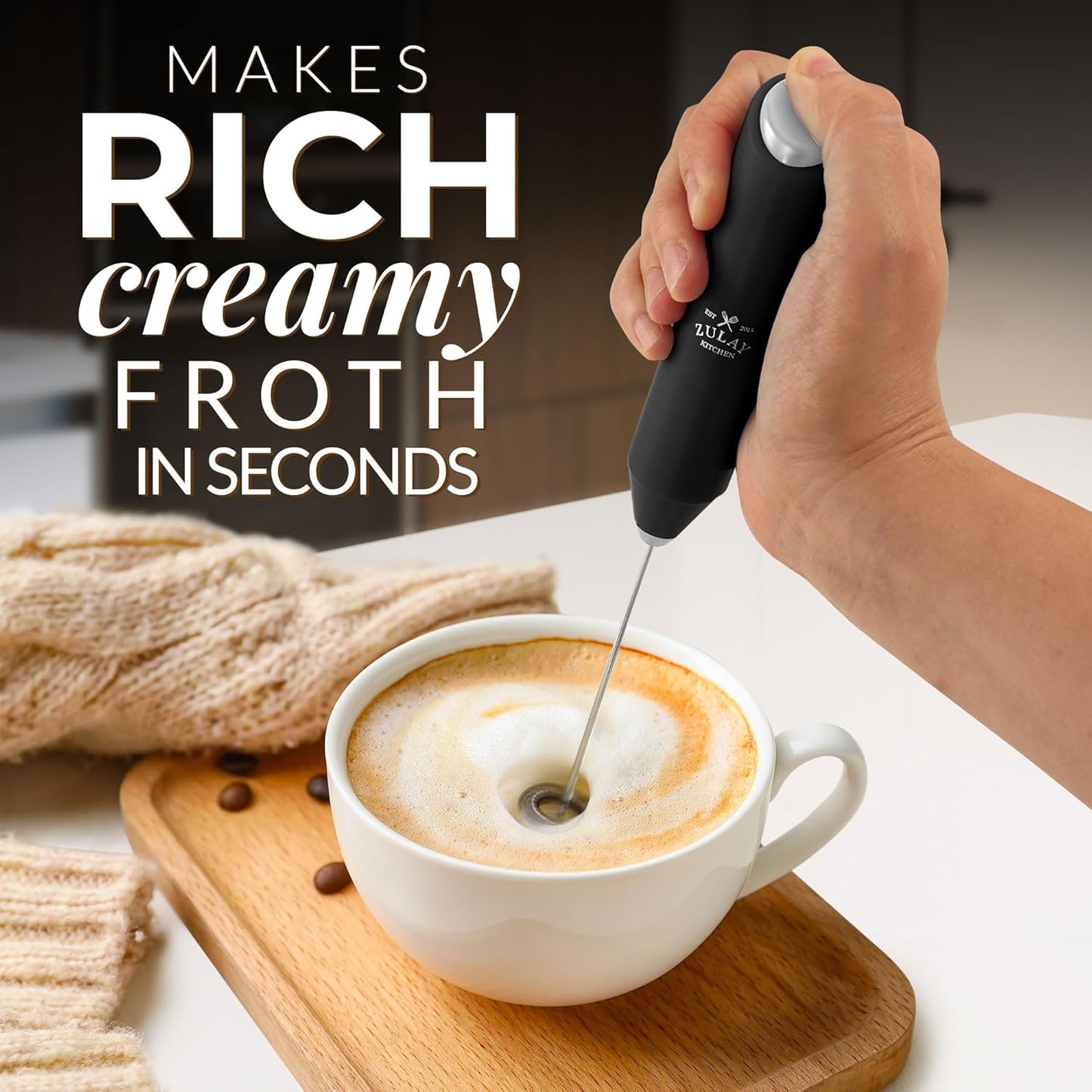 Zulay Kitchen Milk Frother – Stainless Steel, Battery Operated (Black)