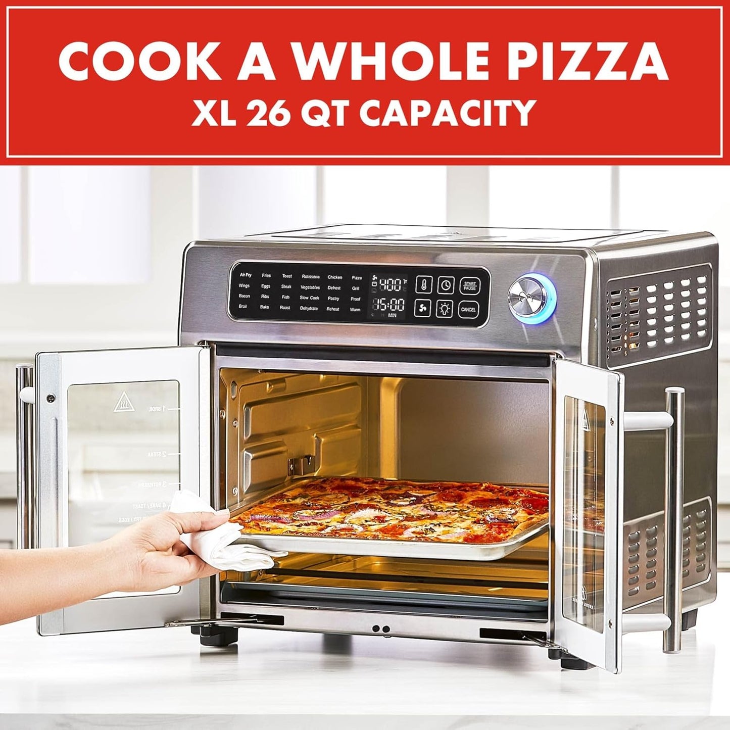 Emeril Lagasse XL French Door Air Fryer Toaster Oven — 24 functions, digital controls, 7 accessories, 26QT, stainless steel.