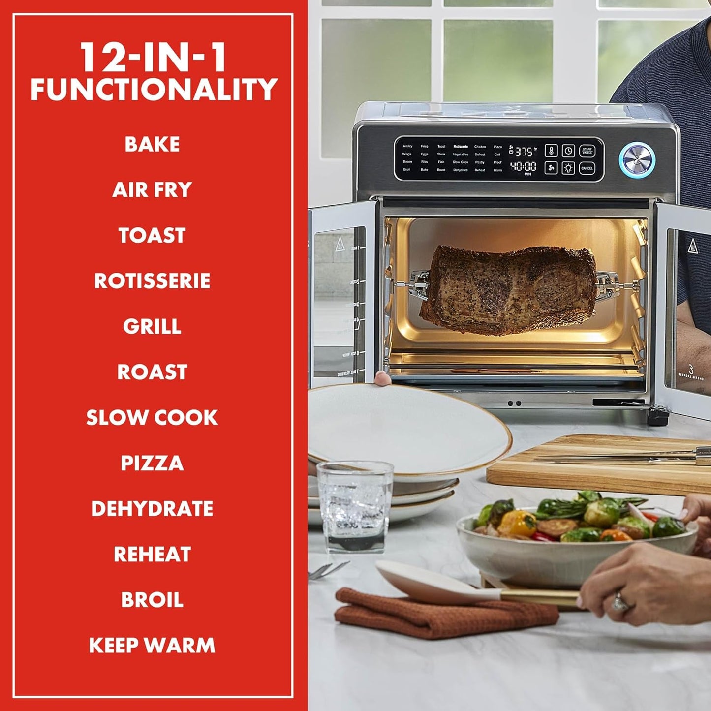 Emeril Lagasse XL French Door Air Fryer Toaster Oven — 24 functions, digital controls, 7 accessories, 26QT, stainless steel.