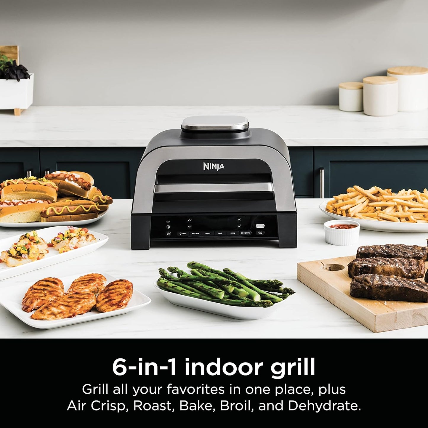 Ninja DG551 Foodi Smart XL 6-in-1 Indoor Grill — Air fry, roast, bake, broil, dehydrate with smart thermometer, 2nd gen, black/silver.