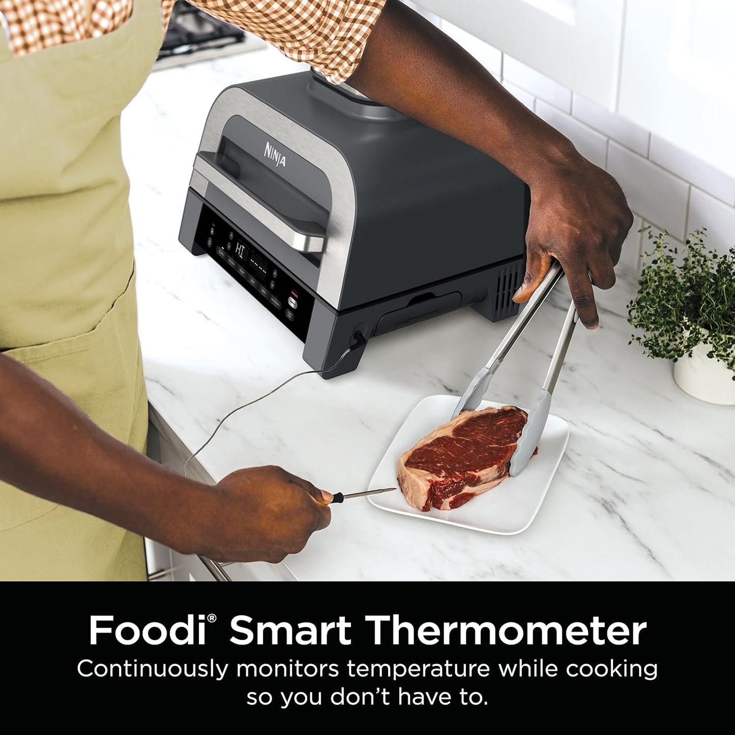 Ninja DG551 Foodi Smart XL 6-in-1 Indoor Grill — Air fry, roast, bake, broil, dehydrate with smart thermometer, 2nd gen, black/silver.