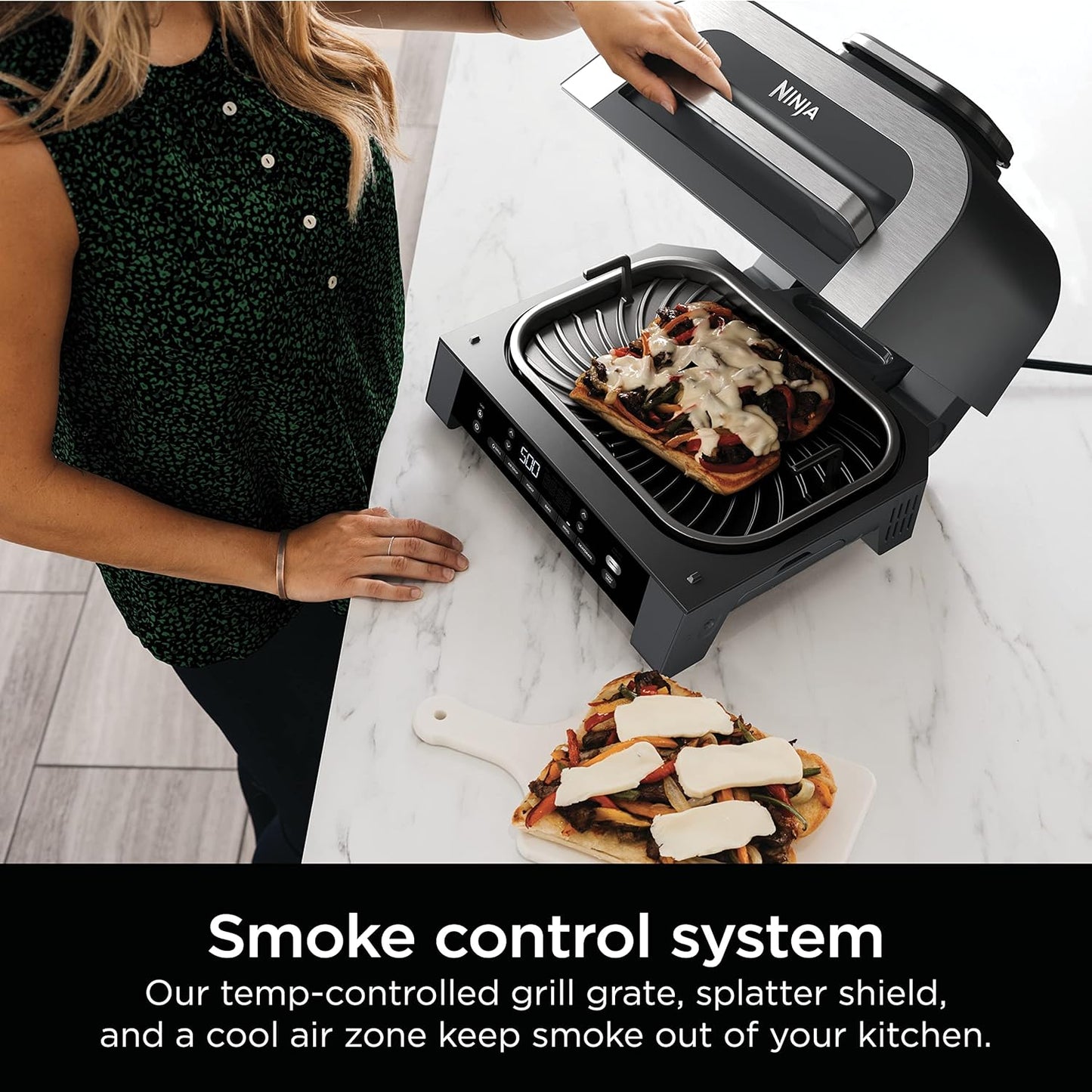 Ninja DG551 Foodi Smart XL 6-in-1 Indoor Grill — Air fry, roast, bake, broil, dehydrate with smart thermometer, 2nd gen, black/silver.