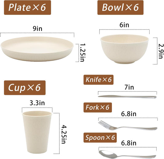 36pcs Reusable Wheat Straw Dinnerware Set – Unbreakable Plates, Bowls & Cups