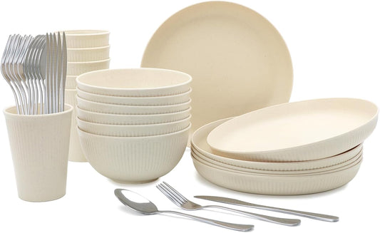 36pcs Reusable Wheat Straw Dinnerware Set – Unbreakable Plates, Bowls & Cups