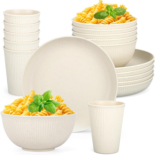 Durable 18pcs camping dinnerware set – unbreakable & reusable.