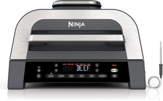 Ninja DG551 Foodi Smart XL 6-in-1 Indoor Grill — Air fry, roast, bake, broil, dehydrate with smart thermometer, 2nd gen, black/silver.