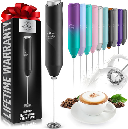 Zulay Kitchen Milk Frother – Stainless Steel, Battery Operated (Black)