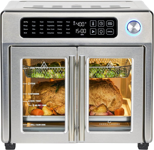 Emeril Lagasse XL French Door Air Fryer Toaster Oven — 24 functions, digital controls, 7 accessories, 26QT, stainless steel.